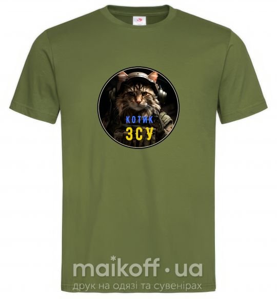 Мужская футболка Військовий котик Оливковый фото