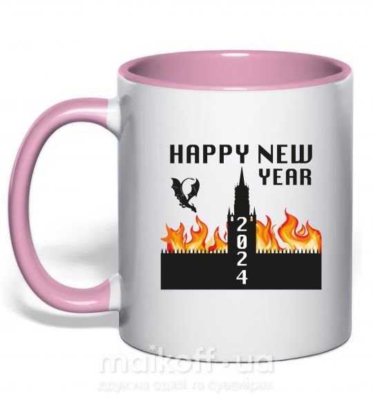 Чашка с цветной ручкой Happy New Year 2024 Нежно розовый фото