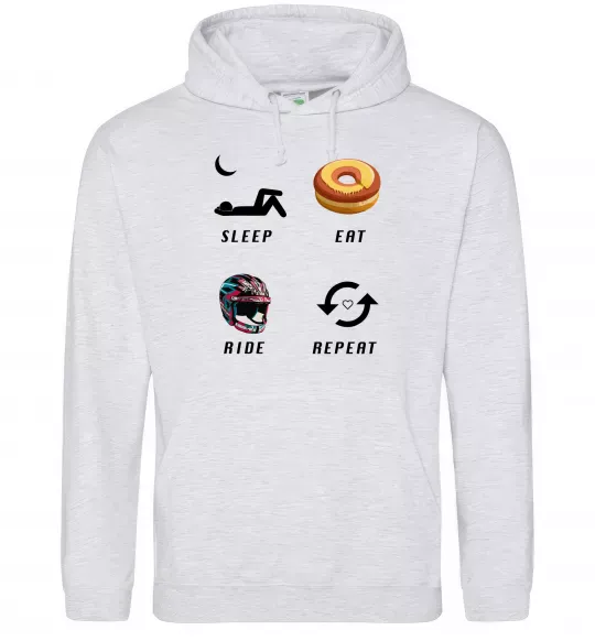 Мужская толстовка (худи) Sleep Eat Ride Repeat Серый меланж фото