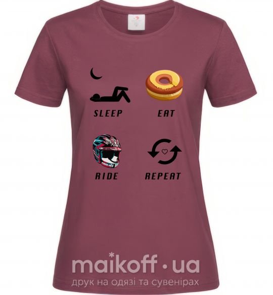 Жіноча футболка Sleep Eat Ride Repeat Бордовий фото