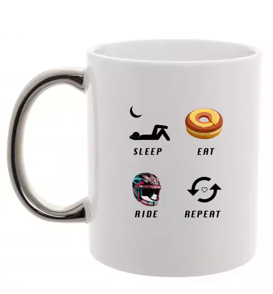 Чашка с цветной ручкой Sleep Eat Ride Repeat Серебро фото