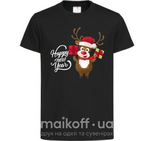Дитяча футболка Happe New Year deer in red hat, дитячий розмір 12-13 Чорний фото