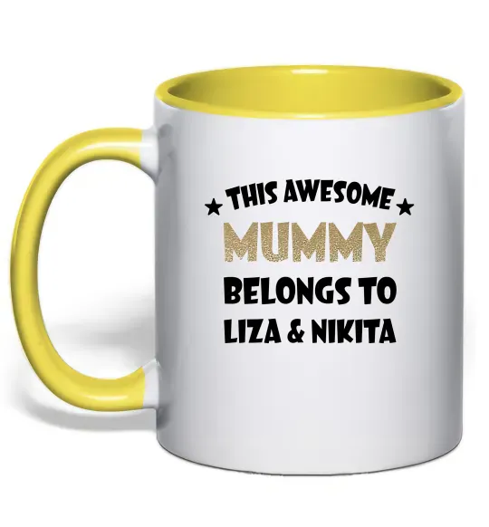 Чашка с цветной ручкой This mummy belongs to Liza and Nikita Солнечно желтый фото