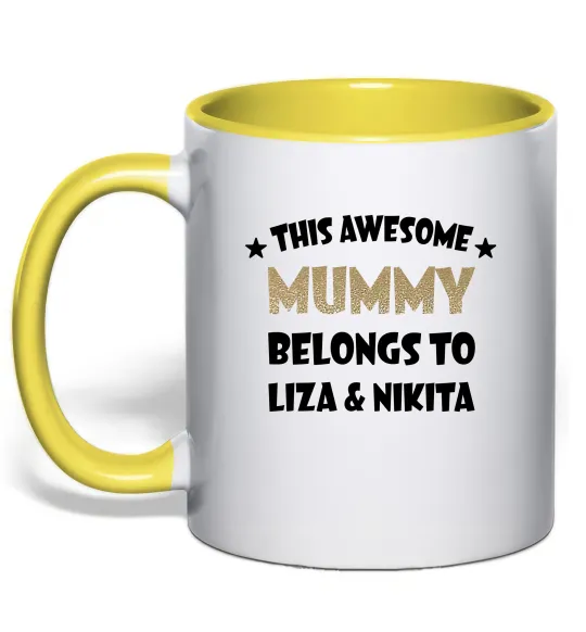 Чашка з кольоровою ручкою This mummy belongs to Liza and Nikita Лимонний фото