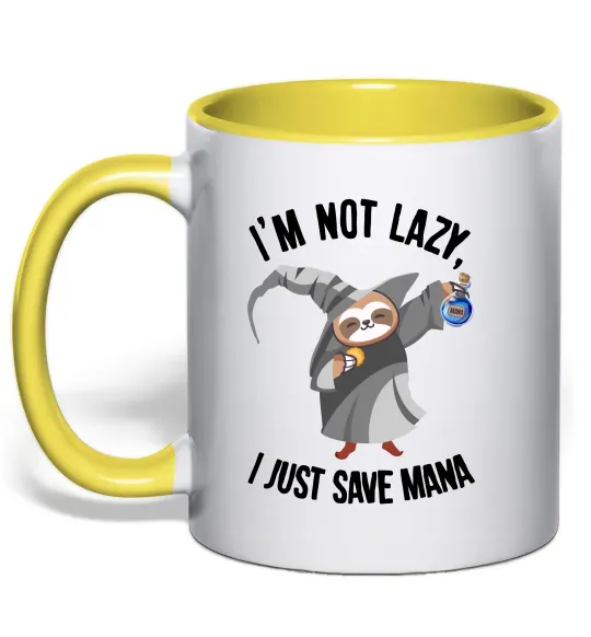 Чашка с цветной ручкой I`m not lazy, i just save mana Лимонный фото