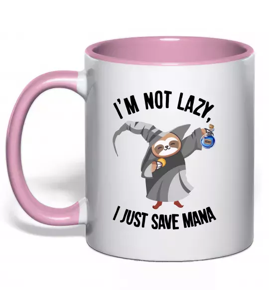 Чашка з кольоровою ручкою I`m not lazy, i just save mana Ніжно рожевий фото