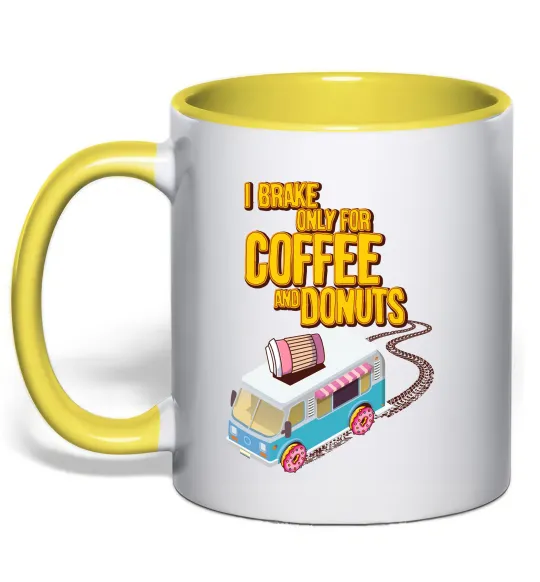 Чашка с цветной ручкой Brake for coffee and donuts Лимонный фото
