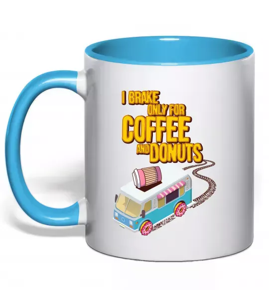 Чашка з кольоровою ручкою Brake for coffee and donuts Блакитний фото