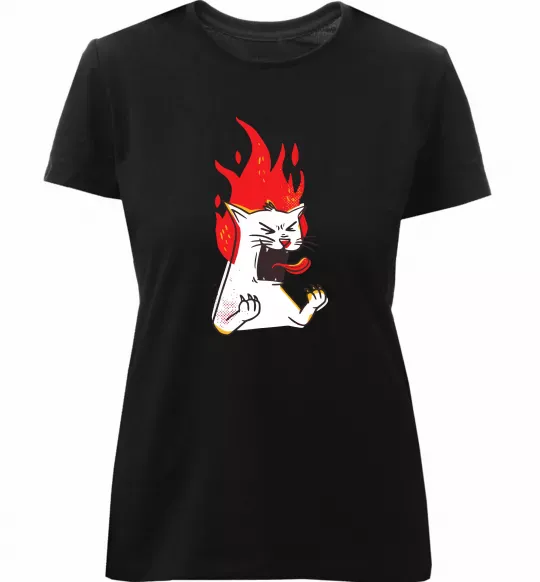 Женская премиум футболка Angry cat (fire) Черный фото