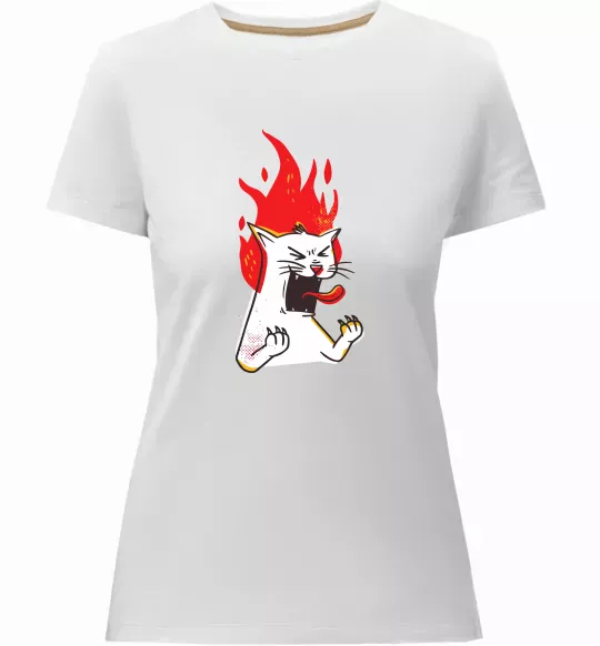 Женская премиум футболка Angry cat (fire) Белый фото