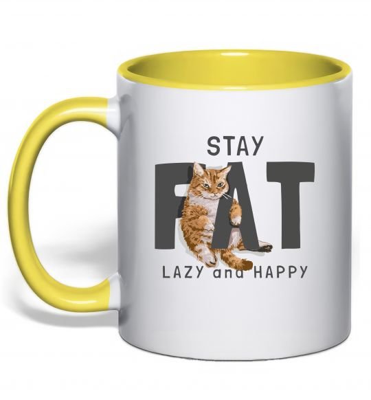 Чашка с цветной ручкой Stay fat lazy and happy Солнечно желтый фото