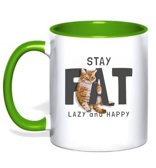 Чашка с цветной ручкой Stay fat lazy and happy Зеленый фото