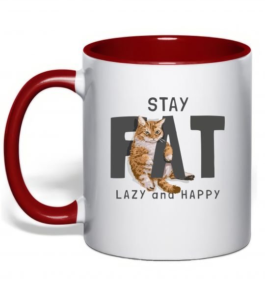 Чашка з кольоровою ручкою Stay fat lazy and happy Червоний фото