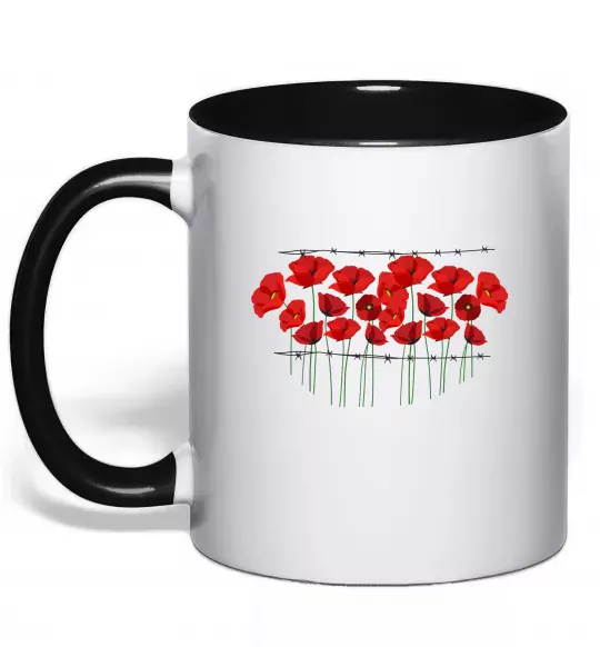 Чашка с цветной ручкой Маки колючий дріт Черный фото