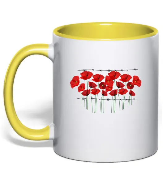 Чашка с цветной ручкой Маки колючий дріт Лимонный фото