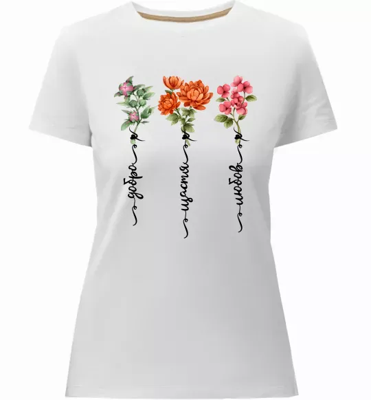 Жіноча преміум футболка Квіти Добро Щастя Любов Білий фото