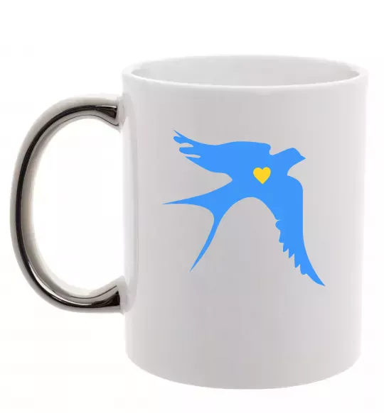 Чашка з кольоровою ручкою Ластівка блакитна парні ВИШИВКА Срібло фото