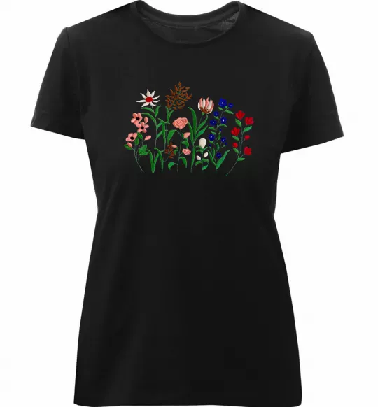 Жіноча преміум футболка Квіти ВИШИВКА Чорний фото