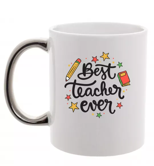 Чашка с цветной ручкой Best teacher ever зірки Серебро фото