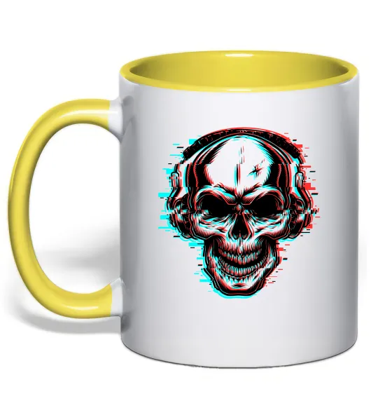 Чашка з кольоровою ручкою Череп в навушниках Лимонний фото