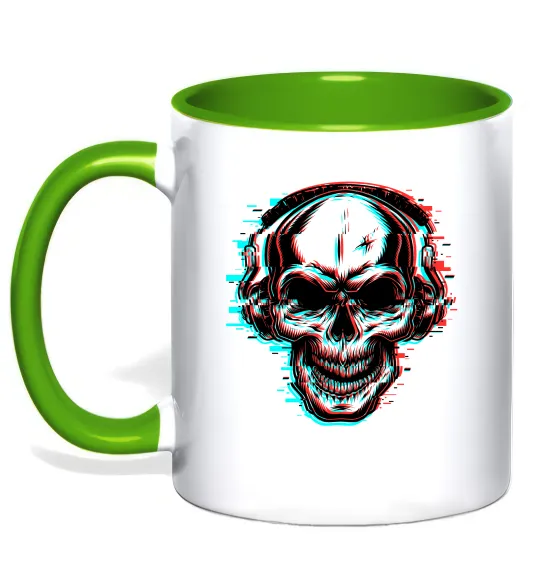 Чашка з кольоровою ручкою Череп в навушниках Лаймовий фото