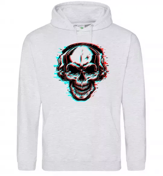 Мужская толстовка (худи) Череп в навушниках Серый меланж фото