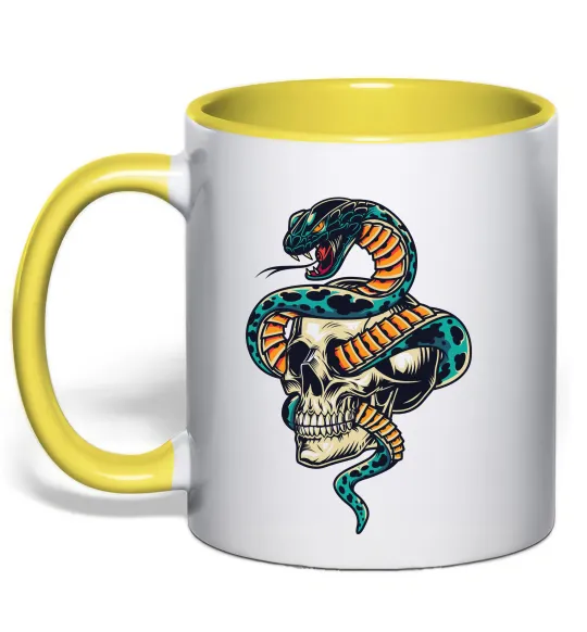 Чашка с цветной ручкой Череп зі змією Лимонный фото