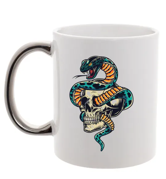 Чашка з кольоровою ручкою Череп зі змією Срібло фото