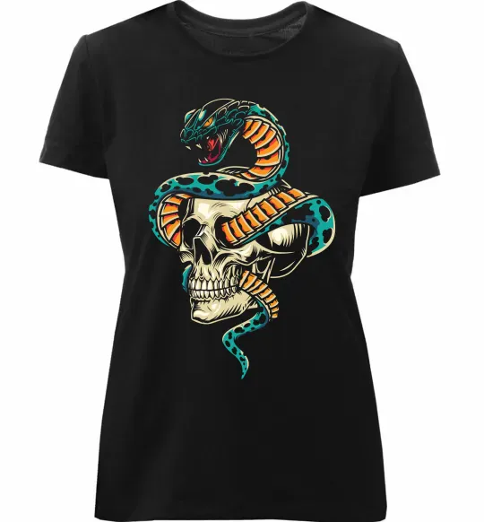 Женская премиум футболка Череп зі змією Черный фото