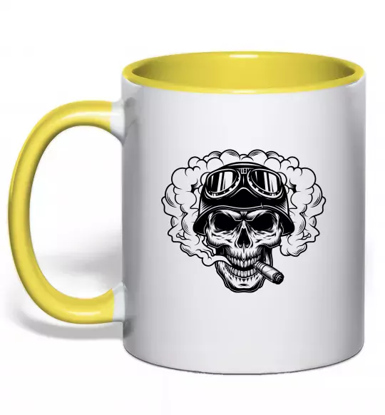 Чашка з кольоровою ручкою Череп з сигарою Сонячно жовтий фото