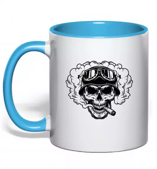Чашка з кольоровою ручкою Череп з сигарою Блакитний фото