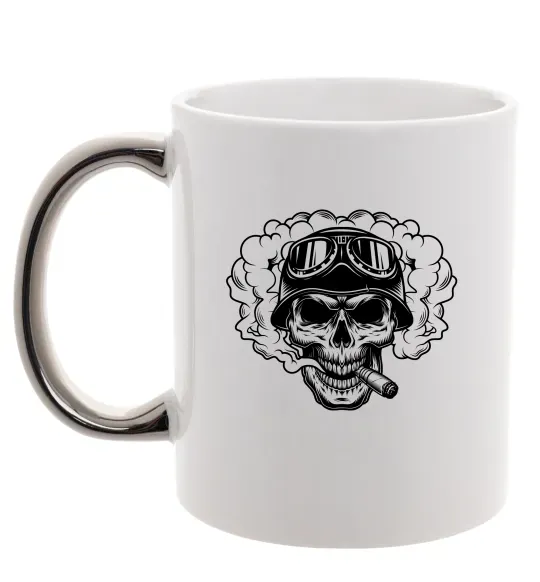 Чашка з кольоровою ручкою Череп з сигарою Срібло фото