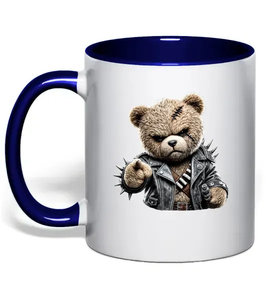 Чашка с цветной ручкой Ведмедик в шкіряній куртці Глубокий темно-синий фото