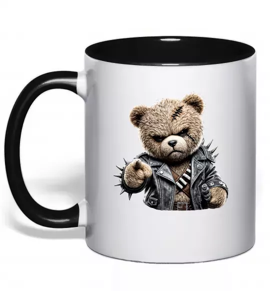 Чашка с цветной ручкой Ведмедик в шкіряній куртці Черный фото