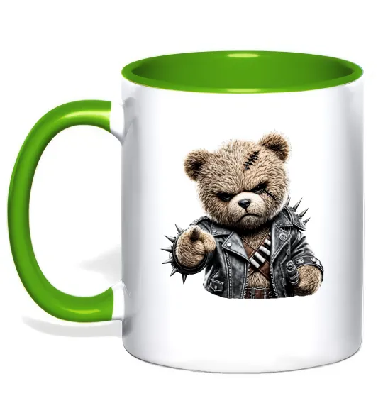 Чашка с цветной ручкой Ведмедик в шкіряній куртці Лаймовый фото