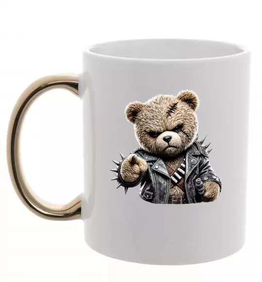 Чашка с цветной ручкой Ведмедик в шкіряній куртці Золото фото