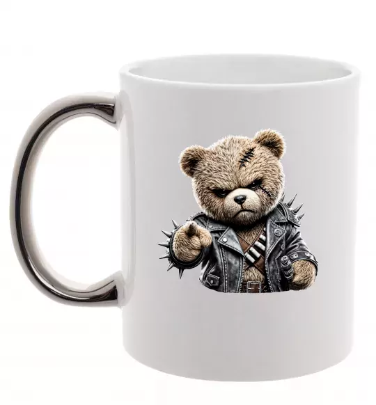 Чашка с цветной ручкой Ведмедик в шкіряній куртці Серебро фото