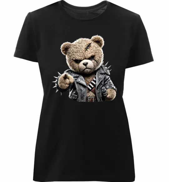 Женская премиум футболка Ведмедик в шкіряній куртці Черный фото