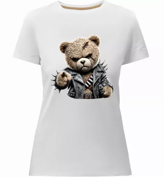 Женская премиум футболка Ведмедик в шкіряній куртці Белый фото
