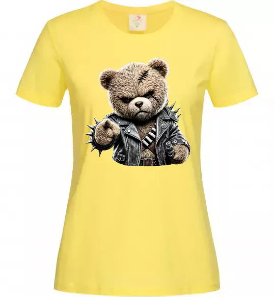 Жіноча футболка Ведмедик в шкіряній куртці Лимонний фото