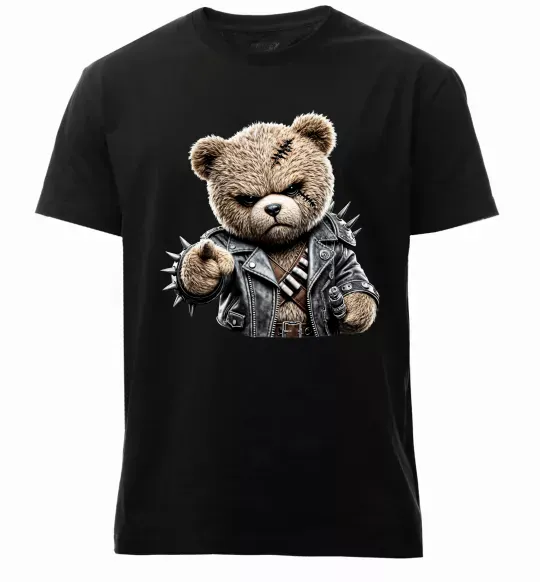 Мужская премиум футболка Ведмедик в шкіряній куртці Черный фото