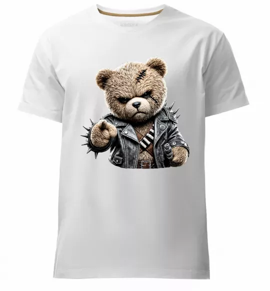 Мужская премиум футболка Ведмедик в шкіряній куртці Белый фото