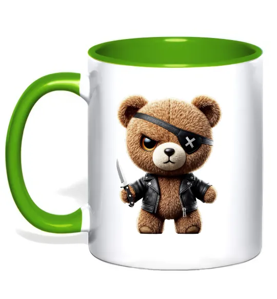 Чашка з кольоровою ручкою Ведмедик бандит Лаймовий фото