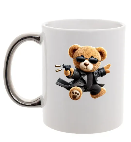 Чашка з кольоровою ручкою Ведмедик з пістолетом Срібло фото