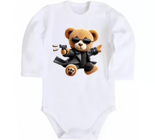 Дитячий бодік Ведмедик з пістолетом Білий фото