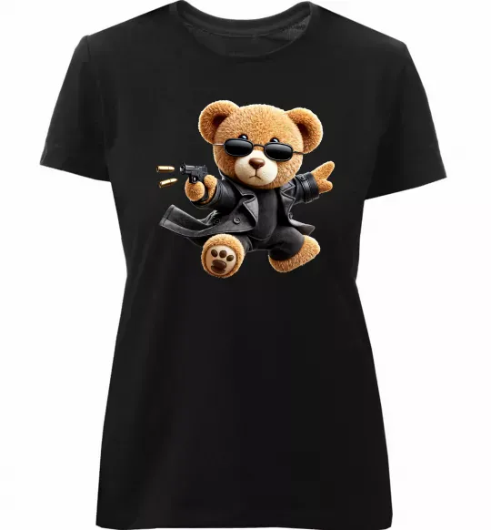 Женская премиум футболка Ведмедик з пістолетом Черный фото
