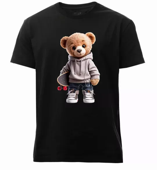 Мужская премиум футболка Ведмедик зі скейтбордом Черный фото