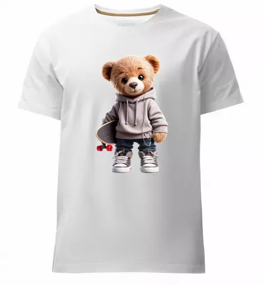 Мужская премиум футболка Ведмедик зі скейтбордом Белый фото