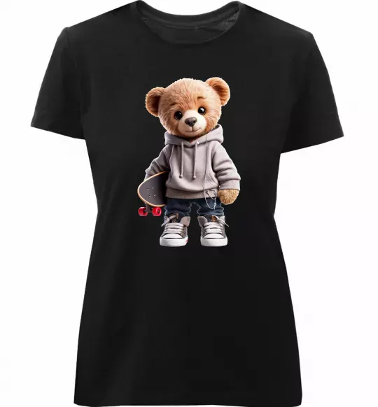 Женская премиум футболка Ведмедик зі скейтбордом Черный фото