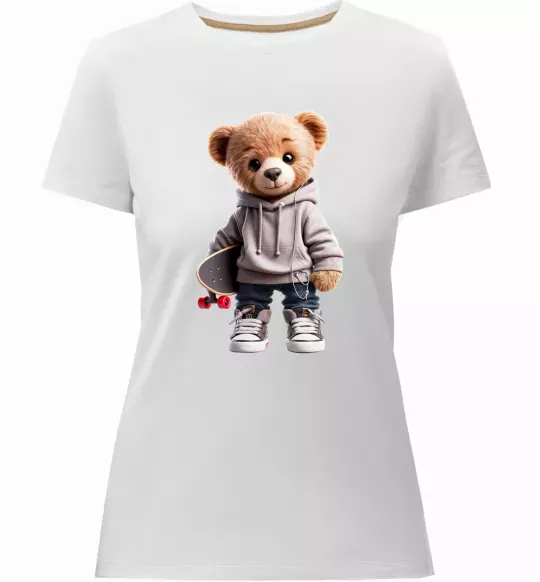 Женская премиум футболка Ведмедик зі скейтбордом Белый фото